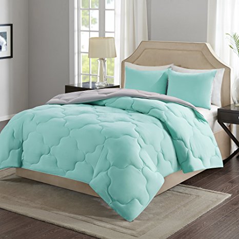 Comfort Spaces – Vixie Reversible Down Alternative Comforter Mini Set - 3 Piece – Aqua and Grey – Stitched Geometrical Pattern – Full/Queen size, includes 1 Comforter, 2 Shams