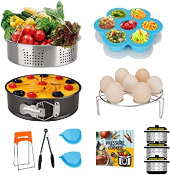 Pressure Cooker Accessories Set, Compatible with Instant Pot, 8 Quart, with Steamer Basket, Springform Pan, Egg Steam Trivet, Silicone Mold, Pot Mitts, Kitchen Tong, Recipe Book