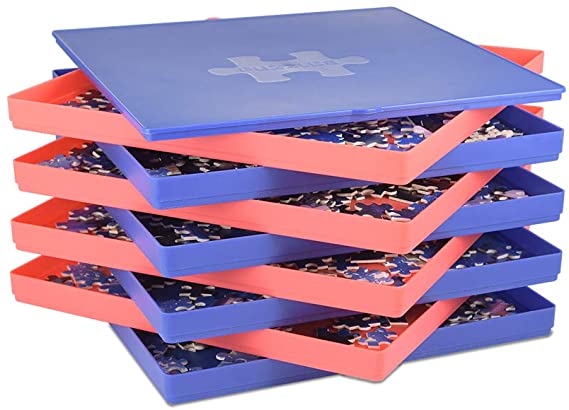 Puzzle Sorting Trays with Lid, 8 Trays Jigsaw Puzzle Sorters 10 x 10 inch, Fit 1500/2000 Pieces Puzzle Gift for Puzzlers, Blue&Red