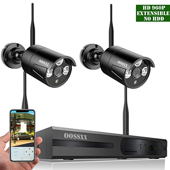 【2018 Update】 OOSSXX 4-Channel HD 960P Wireless Network/Ip Security Camera System(Ip Wireless WiFi NVR Kits),2Pcs 960P 1.3 Megapixel Wireless Indoor/Outdoor IR Bullet Ip Cameras,P2P,App,No HDD
