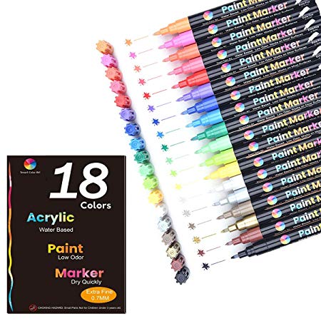 Acrylic Paint Markers,18 Colors Extra Fine Point Acrylic Paint Pens Set by Smart Color Art,Permanent Water Based, Great for Rock, Wood, Fabric, Glass, Metal, Ceramic, DIY Crafts and Most Surfaces