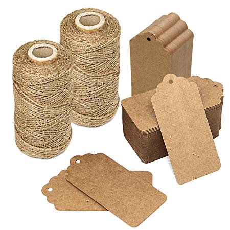 600 Feet Natural Jute Twine and 200 PCS Brown Retangle Kraft Paper Gift Tags for Crafts & Price Tags Lables by Blisstime