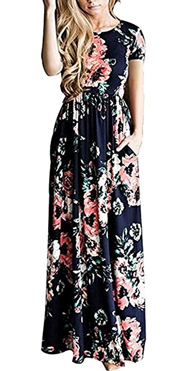 Pxmoda Women's Fashion Spring 3/4 Sleeve Classic Rose Maxi Dresses