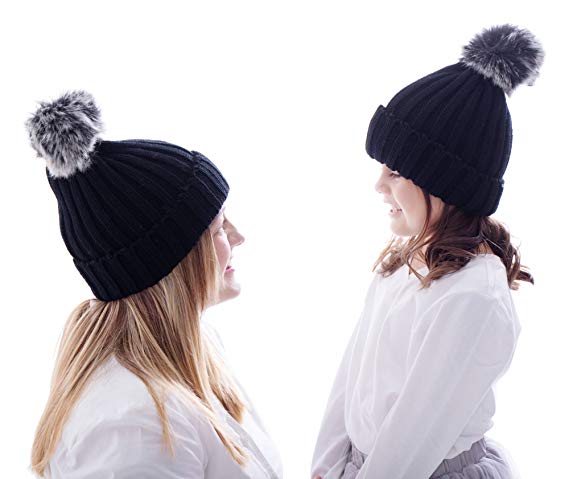 Arctic Paw Unisex Girls Children Mommy&me Cable Knit Beanie with Faux Fur Pompom