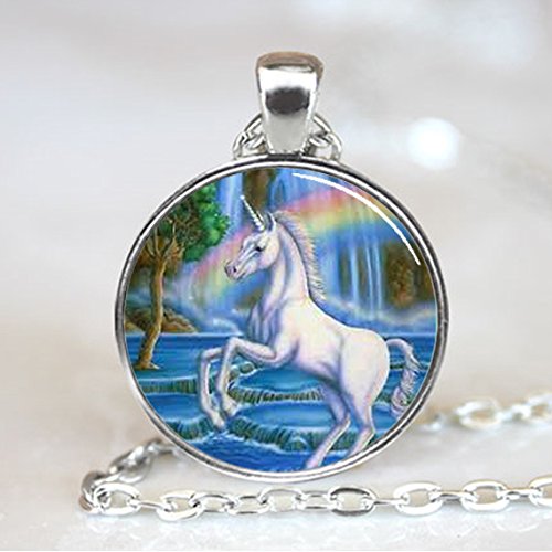 Unicorn with Rainbow Fantasy Glass Tile Necklace Pendant (PD0068S)