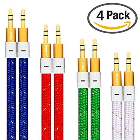 Pack of 4, 3.2 Ft 3.5mm Audio Cable Male to Male, Honsky Universal Durable Braided Colorful Noodle Flat Gold Plated Design Slim Thin Auxiliary Aux Stereo Cable Cord, for Apple iPhone 6 Plus 6  6 5S 5C 5 4S 4 3Gs 3G, iPod iPad Air iPad Air 2 iPad mini iPad mini 3, Samsung Galaxy S6 Edge S6 S5 S4 S3 S2 Note 4 3 2 Note Edge,HTC ONE M9, M8, Motorola Moto X, Kindle Fire, Window Laptop Desktop, Nokia Lumia Android Cell Phone Tablet Computer, Google Nexus Smartphones, Microsoft Surface Tablets, SanDisk Sansa MP3 players, And All 3.5mm-enabled Audio Devices to Car and Home Stereo, Portable Wireless Bluetooth Speaker System or Other 3.5mm-compatible Output Devices - (3.2 Feet Long / 1 Meter) Deep Blue, Red, Green, White
