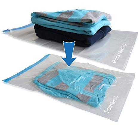 Travel Space Saver Bags (Medium to Large). Pack of 8 Bags. Roll-Up Compression Storage (No Vacuum Needed) & Packing Organizers. Perfect for Travel and Home Storage by RoomierLife