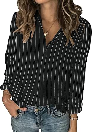 Karlywindow Womens Long Sleeve Button Down Cotton Linen Shirt Blouse Loose Fit Casual V-Neck Tops