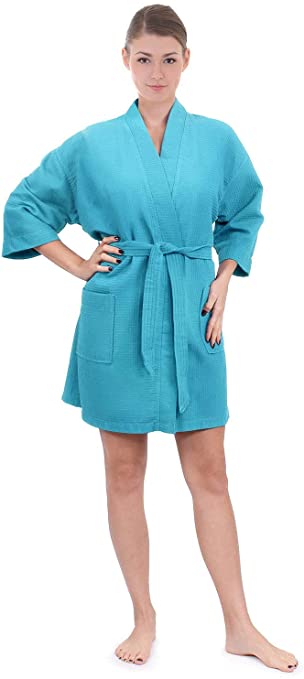 Women's Knee Length Waffle Weave Kimono Bathrobe, Short Spa Robes