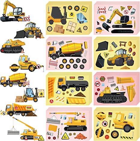 48 Sheets Construction Truck Stickers Kits DIY Excavator Stickers Make Your Own Truck Stickers with 8 Designs Construction Themed Party Favors for Kids Boy's Kindergarten, Festival Present