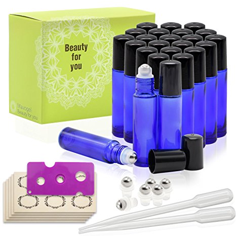 24, 10ml Cobalt Blue Glass Roller Bottles With Stainless Steel Roller Ball for Essential Oil by Mavogel - Include 6 Extra Roller ball, 30 Pieces Labels, Essential Oils Opener, 3ml Dropper