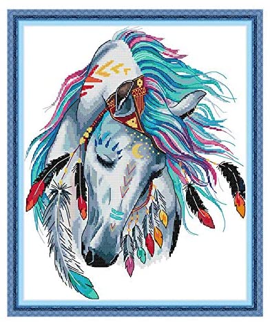 Joy Sunday Cross Stitch Kits 11CT Stamped Embroidery Easy DIY Sewing Pattern Pre-Printed Cross-Stitch Kit,Rainbow Horse