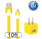 Nocobot TM High Speed USB AC Wall Charger with 10FT Extra Long Noodle Flat Micro USB Sync Cable Cord for Google Nexus Samsung Galaxy Tab Samsung Galaxy NoteS3S4 HTC LG and Most Android TabletsPhones and Windows Phones Yellow