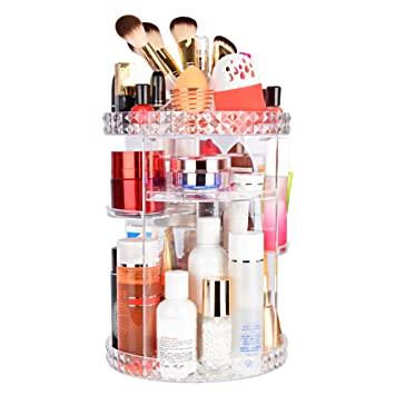 JessLab Makeup Organizer, 360 Degree Rotating Adjustable Cosmetic Organizer Makeup Storage Carousel Brush Lipstick Holder for Bathroom Vanity, Multi-Function and Large Capacity (Diamond Pattern)