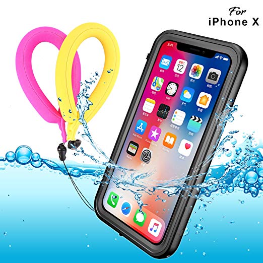 iPhone XS iPhone X Waterproof case, BDIG Waterproof Full Sealed IP68 Shockproof Snowproof Dustproof Protection Case With Screen Protector for iPhone XS/X (Black for iPhone X/XS With floating strap)