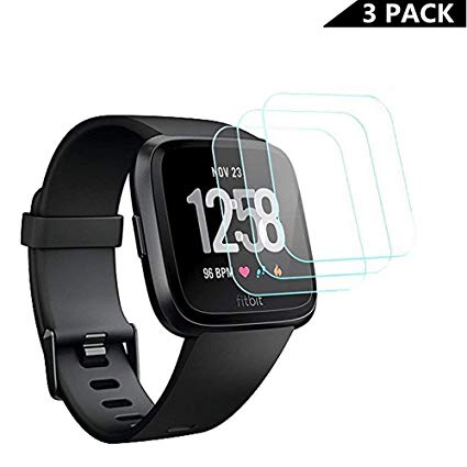 [ 3-Pack ] Fitbit Versa Screen Protector, Runzen Waterproof 9H Tempered Glass Screen Protector for Fitbit Versa Smart Watch [2.5D Round Edge] [9H Hardness] [Crystal Clear] [Anti-Scratch] [No-Bubble]