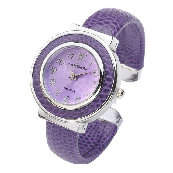 Top Plaza Fashion Women's Cuff Watch, Round Case PU Leather Band, Purple