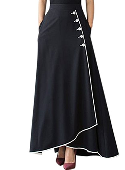 Asvivid Women's Piped Button Embellished High Waist Asymmetric Long Flared Casual Maxi Skirt With Pockets S-2XL