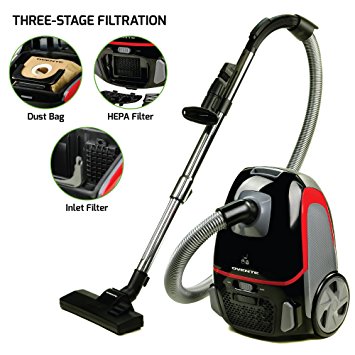 Ovente Canister Vacuum with Tri-Level Filtration: Dust Bag, Outlet HEPA Filter, and Inlet Filter, 1400W, Energy-Saving Variable Suction, 1.5M Crush-Proof Hose, Automatic Cable Rewind, Black (ST1600B)