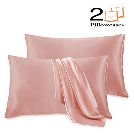 Leccod 2 Pack Silk Satin Pillowcase for Hair and Skin Cool Super Soft and Luxury Pillow Cases Covers with Envelope Closure (Pink, Standard: 20x26)