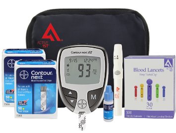 active1st Bayer Contour NEXT Complete Diabetes Testing Kit 100 Count Bayer Contour NEXT EZ Meter WCarry Case 100 Test Strips 100 30g Lancets Lancing Device Control Solution Owners ManualLog Book