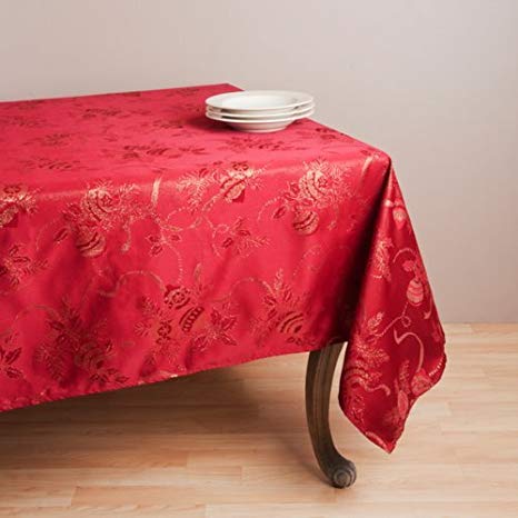 Royal De Noel Holiday Design Jacquard Square Tablecloth. 70" Square. One Piece. (Red Color)