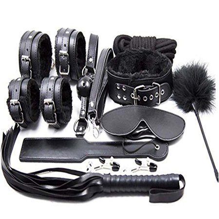 Sex Bondage Restraints Sex Kit with Handcuffs legcuffs leather whip Nipple Clamps Blindfold Slave Collar Mouth Gag Bondage Rope Hand racket Feathers Black