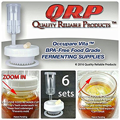 6 QRP No Messy Overflow No Weights Needed Mold-Proof Mason Jar Fermentation Kits with Exclusive Food Retainer Cups keep food submerged in brine (6 REGULAR MOUTH KITS)