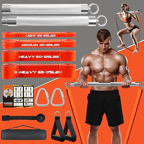 Portable Extra Heavy Home Gym Resistance Band Bar Set with 4 Stackable Resistance Bands,Detachable Full Body Workout Equipment Exercise Bar Kit,500LBS 90cm Longer Bar With Bands,Workout Guide Included