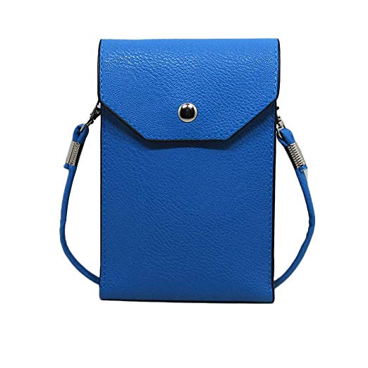 PU Leather 2 Layers Vertical Cellphone Pouch Bag with Shoulder Strap and Magnetic Button for Apple iPhone Samsung Galaxy and Other Smartphone Blue