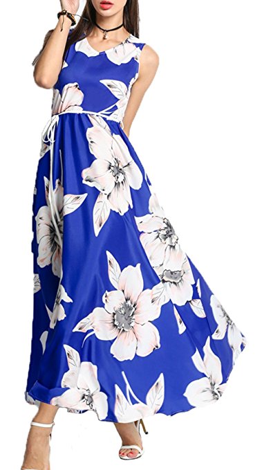 Kancystore Women Summer V Neck Sleeveless Boho Beach Dress Sleeveless Floral Print Long Maxi Swing Dresses