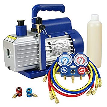 ZENY 4CFM Single-Stage 5 Pa Rotary Vane Economy Vacuum Pump 3 CFM 1/3HP Air Conditioner Refrigerant HVAC Air Tool R410a 1/4 Flare Inlet Port, Blue (4 CFM Vacuum Pump   Manifold Gauge Set)