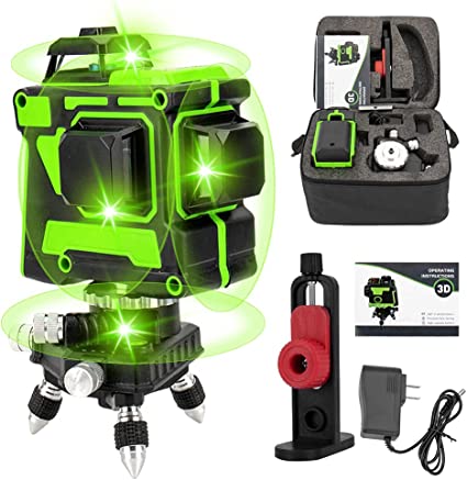 3x360 Laser Level Self-Leveling 12 Lines Green Beam 3D Cross Line Tiling Floor Laser Tool with Two Batteries and Wall Bracket