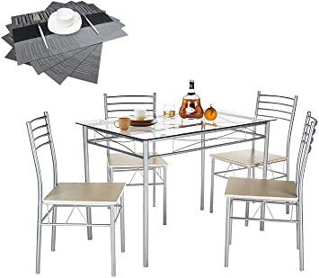 VECELO Kitchen Dining Room Table and Chairs for 4, 5-Piece Dinette Sets, Space Saving, Burnished Silver