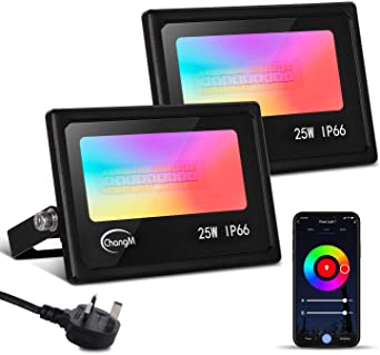 LED Flood Lights Outdoor, 25W RGB Smart WiFi Floodlight APP/Voice Control, Colour Changing RGB 16 Million Colours - Music Sync for Alexa Google Home IP66 UK 3-Plug 2 Pack