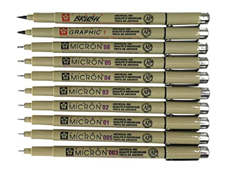 Sakura Pigma Micron 10 Fineliner pens Black Archival ink Artist drawing sketch pens (003, 005, 01, 02, 03, 04, 05, 08), Graphic 1 & brush pen set