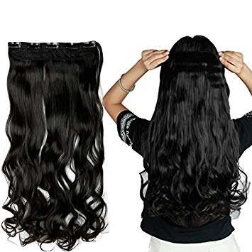 S-noilite 24"/26" Straight Curly 3/4 Full Head One Piece 5clips Clip in Hair Extensions Long Poplar Style for Xmas Gifts 22colors (24" - Curly, natural black)