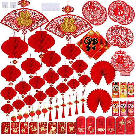 82 Pcs Chinese New Year Party Decorations Red Lanterns Red Envelopes Hong Bao Chinese Knots Tassel Chinese FU Character Paper Cutting Festival Ornaments for Asian Lunar New 2020 Year Year Of The Rat