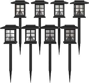 Flash Furniture Halsey Lantern Style LED Solar Lights - All-Weather Black Outdoor Solar Powered Lights - Landscape Lighting for Pathway, Garden, & Yard, 4x4x16, 8 Pack