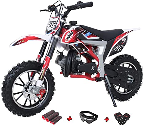 X-PRO Bolt 50cc Dirt Bike Gas Dirt Bike Kids Dirt Bikes Pit Bikes Youth Dirt Pitbike with Gloves, Goggle and Handgrip，Red