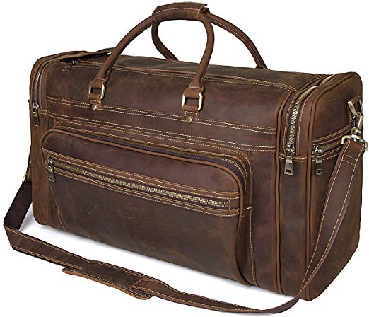 Polare 23.6" Retro Full Grain Leather Duffel Weekender Travel Overnight Luggage Bag with YKK Metal Zippers(Brown)