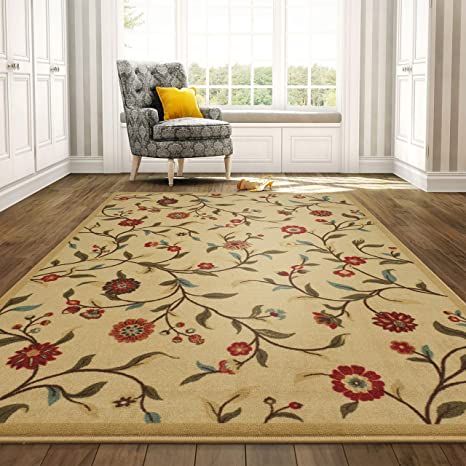 Ottomanson Ottohome Collection Floral Garden Design Modern Area Rug with Non-Skid (Non-Slip) Rubber Backing, Beige, 3'3" L x 5'0" W