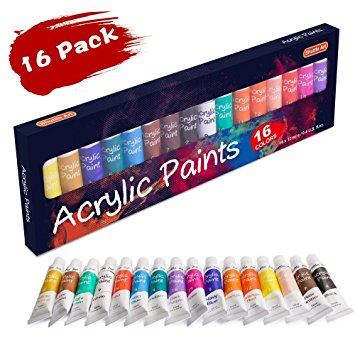 Acrylic Paint Set, Shuttle Art 16 x12ml Tubes Artist Quality Non Toxic Rich Pigments Colors Great For Kids Adults Professional Painting on Canvas Wood Clay Fabric Ceramic Crafts