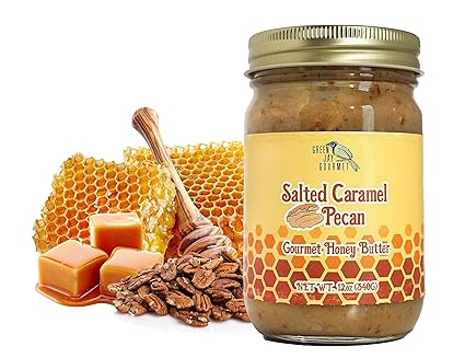 Green Jay Gourmet Honey Butter - Salted Caramel Pecan Butter w/Locally Sourced Honey & Fresh Pecans - Creamy Honey Spread & Nut Butter Perfect for Breakfast, Dips, & Charcuterie Boards - 12 Ounces