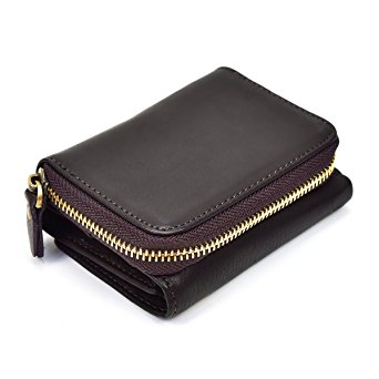 Men's Genuine Leather Bifold Zip-around Wallet Black Cowhide Short Wallet