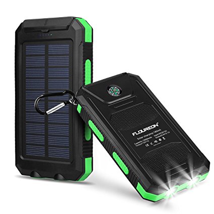 FLOUREON 10000mAh Solar Charger Power Bank Waterproof Portable External Battery Backup with Dual USB for Android iPad iPhone Cellphones, 2 LED Flashlight with Compass for Emergency(Green)