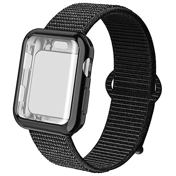 NUKELOLO Compatible for Apple Watch Band 38mm 40mm 42mm 44mm with Case, Sport Nylon Loop and TPU Screen Protector Case for iWatch Sport Series 4/3/2/1