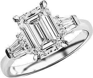 14K White Gold 2 Carat LAB GROWN DIAMOND Prong Set Round And Baguette Emerald Cut Diamond Engagement Ring (G-H Color VS1-VS2 Clarity 1.5 Ct Center)