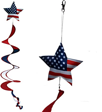 U.S.A. Patriotic Wind Spinner Decoration - 6" x 40" Long, Veteran's Day, 4th of July, Memorial Day, American Flag Star, Porch Wind Twirler, Garden Decoration, USA, America