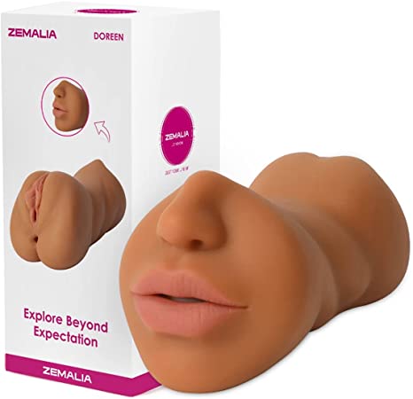 ZEMALIA 3 in 1 Male Masturbators with Brown Skin, 3D Realistic Pocket Pussy - Mouth Textured Vagina and Tight Anal, Men's Stroker Toys Adult Pleasure Oral Sex Masturbation